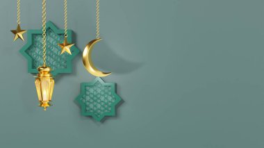Ramazan Kareem şablonu Arap fenerleri ve ay ile selamlıyor. Reklam ürünleri için arka planda duran podyum - kartlar için 3D resimleme, selamlar.