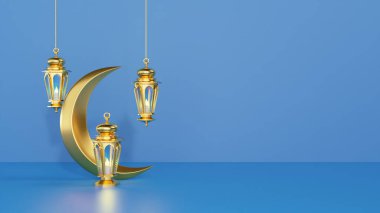 Ramazan Kareem, reklam ürünleri ve afiş için arka planda Arapça fenerler bulunan şablonu selamlıyor - kartlar için 3D resimleme, selamlar.
