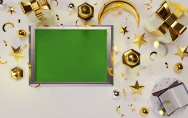 Ramazan Kareem, reklam ürünleri ve afiş için arka planda Arapça fenerler bulunan şablonu selamlıyor - kartlar için 3D resimleme, selamlar.