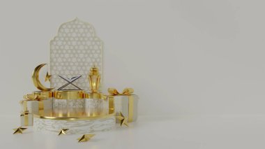 Ramazan Kareem, reklam ürünleri ve afiş için arka planda Arapça fenerler bulunan şablonu selamlıyor - kartlar için 3D resimleme, selamlar.