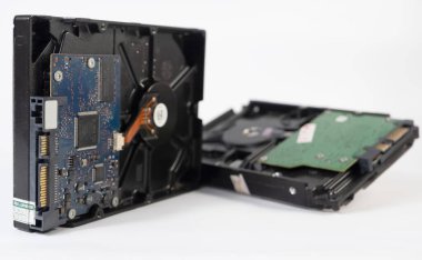 3.5 inç sata tipi bir sabit diskin pirinç bağlantı iğnesine odaklı, beyaz arka planda izole edilmiş.