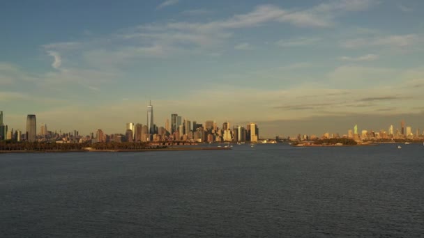 New York Skyline Sunset Statue Liberty — Stock Video