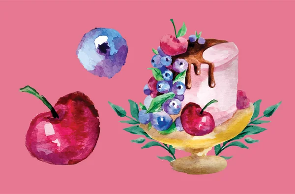 Watercolor Dessert Stand Cherry Blueberries Chocolate Cake Vector — Stock Vector