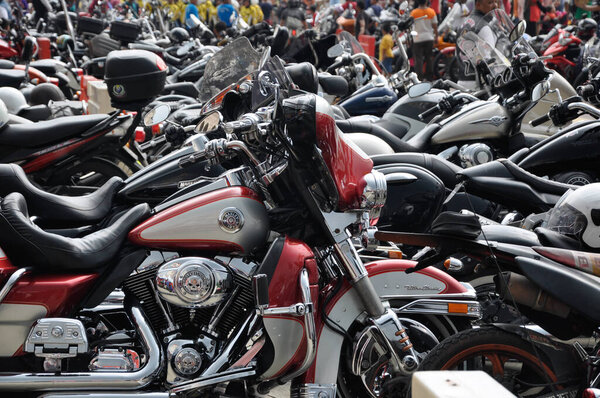 KUALA LUMPUR, MALAYSIA -FEBRUARY 25, 2017: Gathering of various models of easy rider class motorcycle and parked in the open area. Most of it is from America, made by the Harley Davidson manufacturer.