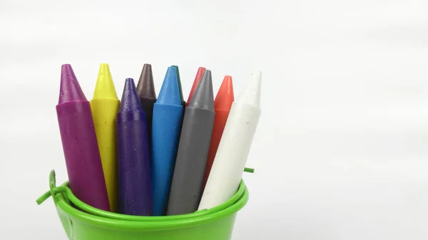 Colorful Kids Crayon Sticks Green Pail Isolated White Background — Stock Photo, Image