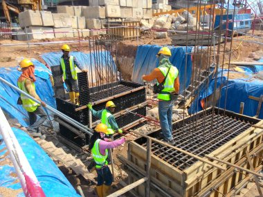 SELANGOR, MALAYSIA -HAZİRAN 02, 2016: Kazı makinesi inşaat alanında toprak kazılarında kullanılan ağır bir inşaat makinesidir. Uzun hidrolik bir kolla sepetle güçlendirilmiş. İşçiler tarafından işletilen. 