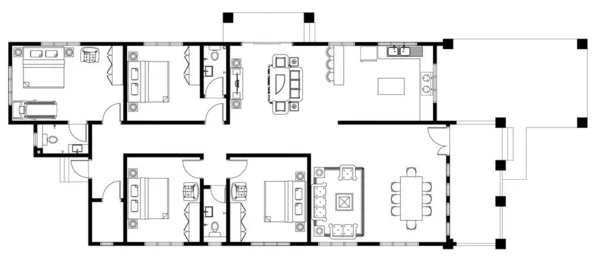 Cad Grundrisszeichnung Mit Schlafzimmern Komplett Mit Badezimmern Balkon Möbel Küche — Stockfoto