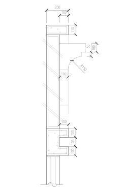 CAD generated 2D black and white architectural detail drawing. Drawings are included with dimension details for reference to the builder. Drawing details refer to a specific place.