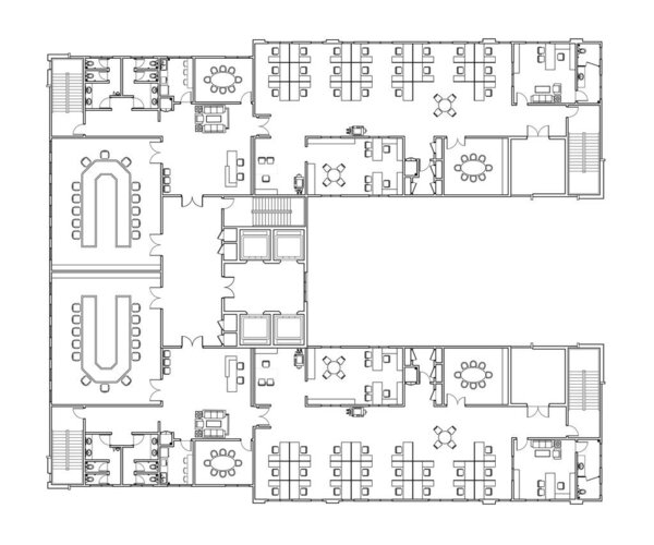 An office layout drawing complete with the office furniture in 2D CAD drawing. Drawing in black in white. The office has a large meeting room. 