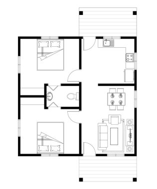 İki yatak odalı bir ev. Mutfak, banyo, oturma odası ve yemek salonu. Siyah beyaz 2B CAD çizimleri.