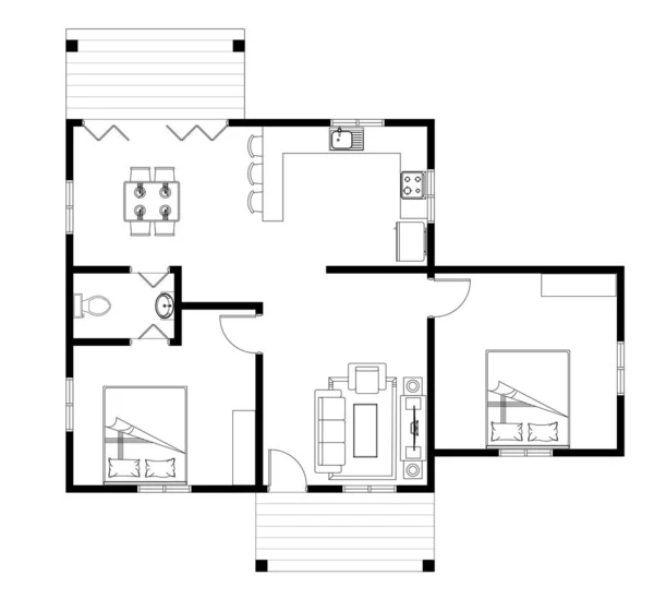 Σπίτι Υπνοδωμάτια Σχέδιο Διάταξης Πλήρης Κουζίνα Μπάνιο Καθιστικό Και Τραπεζαρία — Φωτογραφία Αρχείου