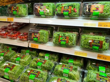 PENANG, MALAYSIA - 30 HAZİRAN 2022: Şeffaf konteynırlarda paketlenmiş sebzeler üzerine odaklanıldı. Süpermarketlerde satışta. Fiyat etiketi türüne göre olsun.