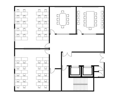 2 seminer ya da sınıf ve 2 küçük toplantı odası içeren mimari plan. İki asansörle donatılmış. Siyah beyaz 2B CAD çizimleri.