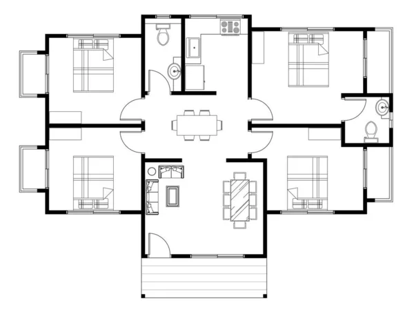 Plano Layout Casa Com Quartos Banheiros Com Mobiliário Básico Cada — Fotografia de Stock