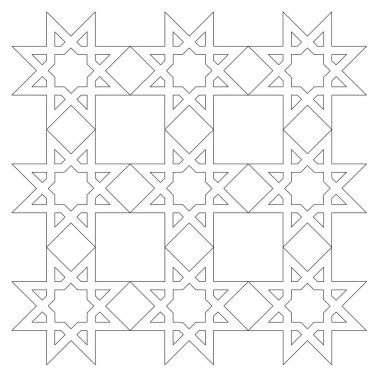 İslami geometrik desenlerin siyah-beyaz 2D CAD çizimi. İslami kalıplar tasarımlarında tekrarlanan geometri elementlerini kullanır.