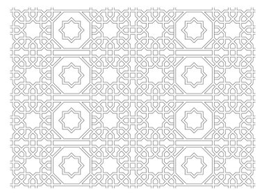İslami geometrik desenlerin siyah-beyaz 2D CAD çizimi. İslami kalıplar tasarımlarında tekrarlanan geometri elementlerini kullanır.