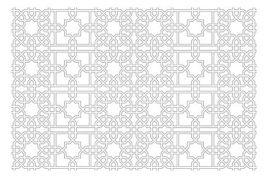 İslami geometrik desenlerin siyah-beyaz 2D CAD çizimi. İslami kalıplar tasarımlarında tekrarlanan geometri elementlerini kullanır.