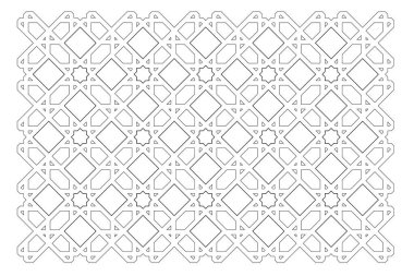 İslami geometrik desenlerin siyah-beyaz 2D CAD çizimi. İslami kalıplar tasarımlarında tekrarlanan geometri elementlerini kullanır.