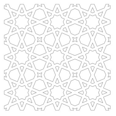 İslami geometrik desenlerin siyah-beyaz 2D CAD çizimi. İslami kalıplar tasarımlarında tekrarlanan geometri elementlerini kullanır.