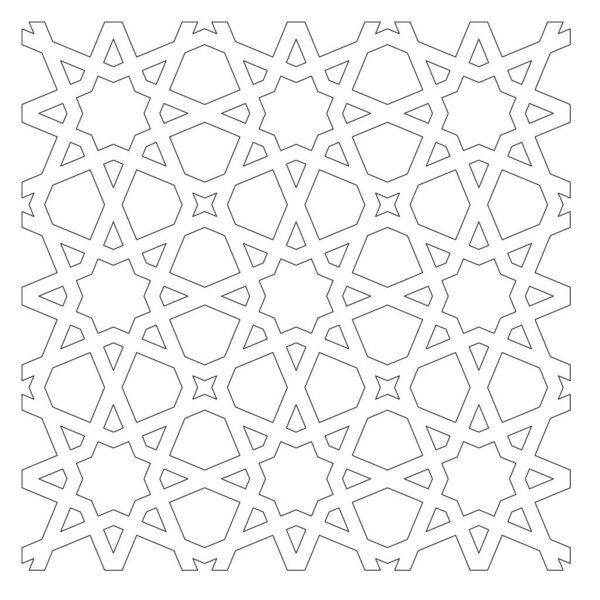 Черно-белый 2D CAD рисунок исламского геометрического узора. Исламские модели используют элементы геометрии, которые повторяются в их конструкциях.