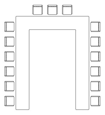 Yukarıdan sandalyeli bir toplantı masasının grafiksel çizimi. CAD kullanarak siyah ve beyaz 2B çizim.