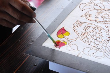 SELANGOR, MALAYSIA - 07 Aralık 2016: Malezya çizim batik veya batik kanting. Daha önce çizilen ıslak balmumu renk denetimi. 