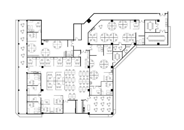 Large office plan layout drawing complete with the office furniture in 2D CAD drawing. Drawing produced in black in white. Various spaces are provided such as a meeting room, office, meeting room, etc. 