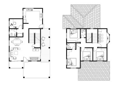 2D CAD 2 katlı, 3 yatak odalı, 2 banyosu, balkonu, mobilyası, mutfağı, oturma odası ve aile alanı olan bir ev planı. Siyah beyaz çizim. 