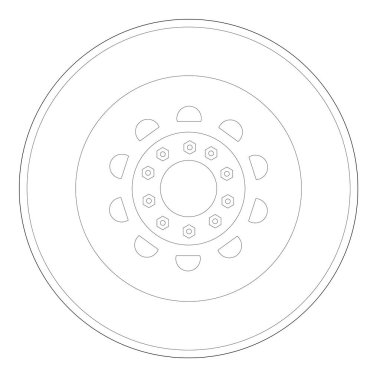 Araç tekerlerinin grafiksel çizimleri yan görüşte. 2D CAD çizimi siyah beyaz çizildi. 