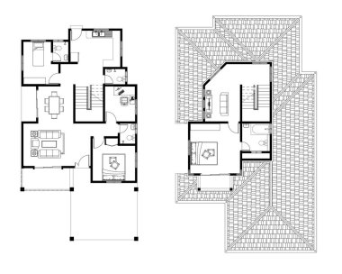 2D CAD 2 katlı, 3 yatak odalı, 2 banyosu, balkonu, mobilyası, mutfağı, verandası ve mobilyası olan bir ev planı. Siyah beyaz çizim. 