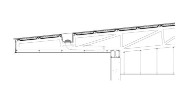 Architectural CAD drawing in 2D showing the typical detail section of the roof steel structure and its finishes. Drawing in black & white. 