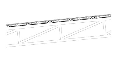 Architectural CAD drawing in 2D showing the typical detail section of the roof steel structure and its finishes. Drawing in black & white. 