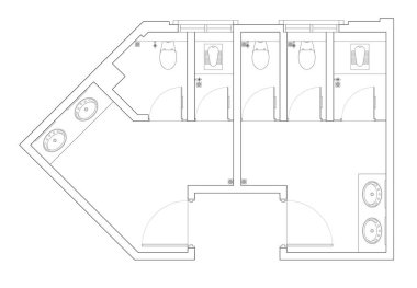 2D mimari tasarım tasarımı erkek tuvaleti ve kadın tuvaleti çiziyor. Her birinde çömelme ve oturma tuvaleti var. Tuvalet el yıkamak için bir leğen ile donatılmıştır.. 