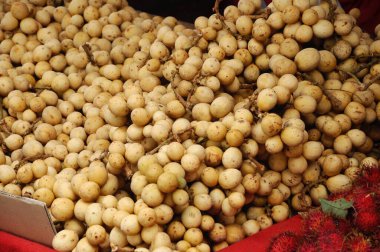 JASIN, MALAYSIA -29 Temmuz 2016: Lansium paraziti veya langsat veya lanzone olarak da bilinen bilimsel yele lansium domesticum. Bazen dukong 'u ara. Çoğu Güney Doğu Asya 'da bulunan tropik meyveler. 