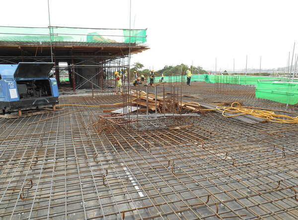 SELANGOR, MALAYSIA -MAY 13, 2016: Floor slab reinforcement bar at the construction site. It use to strengthen the concrete. It is shaped follow the engineer design.