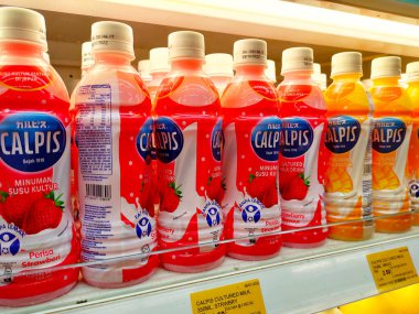 SELANGOR, MALAYSIA -11 Temmuz 2021: Müşterinin seçmesini kolaylaştırmak için marka tarafından sıralanan büyük soğutucuda sunulan yoğurt içecekleri ve diğer süt ürünlerine odaklanmış. 