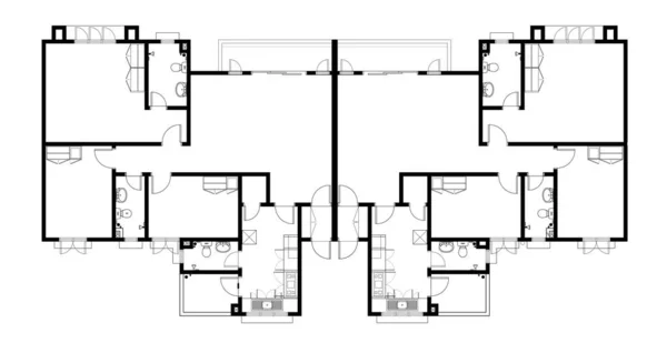 2D CAD layout plan drawing of a twin house with a three-bedroom complete with two bathrooms, kitchen, living room, and other supported room. Drawing produced in black and white.