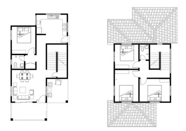 2D CAD 2 katlı, yatak odaları, iki banyosu, balkonu, mobilyası, mutfağı, oturma odası verandası ve mobilyası olan bir ev planı. Siyah beyaz çizim. 