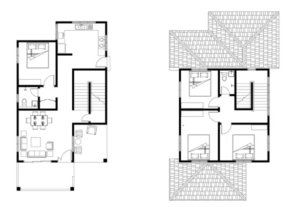 2D CAD 2 story house layout plan drawing with bedrooms complete with 2 bathrooms, balcony, furniture, kitchen, living room porch and furniture. Drawing produced in black and white.