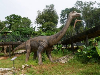 MELAKA, MALAYSIA - JUNE 6, 2022: Replicas of various types of dinosaurs built to life size. It is decorated with tropical plants to make it seem alive.