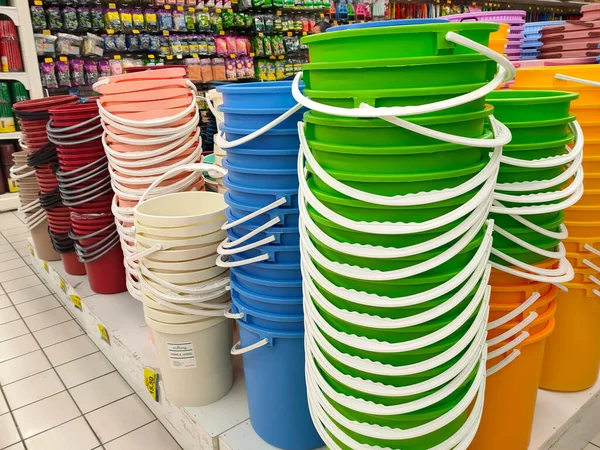Selangor Malaysia June 2022 Several Plastic Buckets Various Colors Sizes — Photo