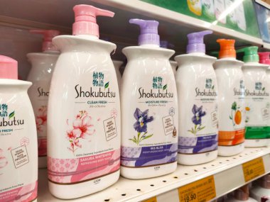 MELAKA, MALAYSIA -JUNE 6, 2022: Liquid bath soap in plastic bottles and commercial soft packets. Sorted by type and brand. Price tags are placed to make it easier for buyers.