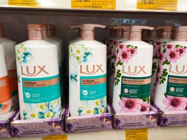 MELAKA, MALAYSIA -JUNE 6, 2022: Liquid bath soap in plastic bottles and commercial soft packets. Sorted by type and brand. Price tags are placed to make it easier for buyers.