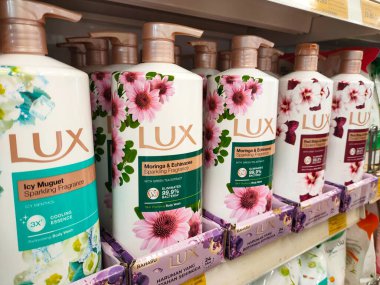 MELAKA, MALAYSIA -JUNE 6, 2022: Liquid bath soap in plastic bottles and commercial soft packets. Sorted by type and brand. Price tags are placed to make it easier for buyers.