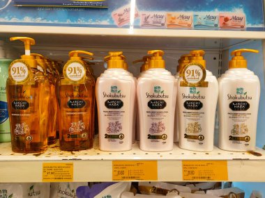 MELAKA, MALAYSIA -JUNE 6, 2022: Liquid bath soap in plastic bottles and commercial soft packets. Sorted by type and brand. Price tags are placed to make it easier for buyers.