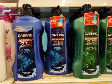 MELAKA, MALAYSIA -JUNE 6, 2022: Liquid bath soap in plastic bottles and commercial soft packets. Sorted by type and brand. Price tags are placed to make it easier for buyers.