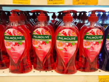 MELAKA, MALAYSIA -JUNE 6, 2022: Liquid bath soap in plastic bottles and commercial soft packets. Sorted by type and brand. Price tags are placed to make it easier for buyers.