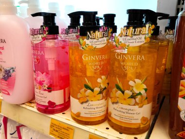 MELAKA, MALAYSIA -JUNE 6, 2022: Liquid bath soap in plastic bottles and commercial soft packets. Sorted by type and brand. Price tags are placed to make it easier for buyers.