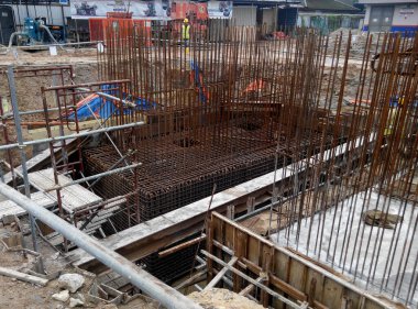 JOHOR, MALAYSIA -DECEMBER 9, 2015: Pile cap reinforcement bar fabricated by construction workers at the construction site in Johor, Malaysia.