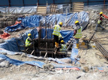 JOHOR, MALAYSIA -DECEMBER 9, 2015: Pile cap reinforcement bar fabricated by construction workers at the construction site in Johor, Malaysia.